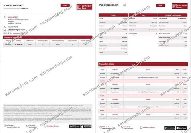 India IDFC First Bank Limited account statement Word and PDF template, 2 pages